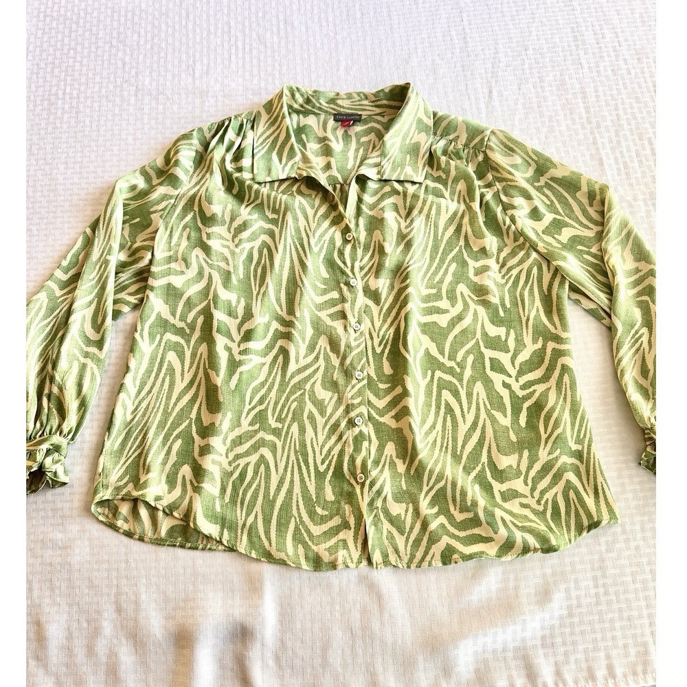 Vince Camuto Green Zebra Print Button Down Blouse Ruffle Cuff Plus Size‎ 2X